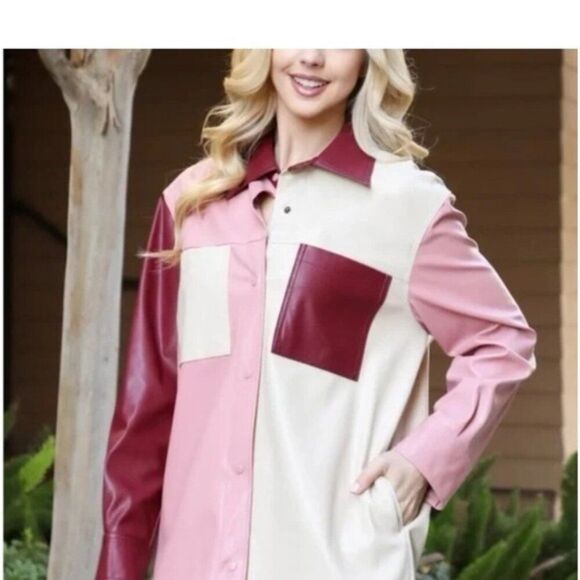Colorblock Faux Leather Shirt Jacket Shacket 90s 70s Snap button Y2K M - Picture 3 of 16